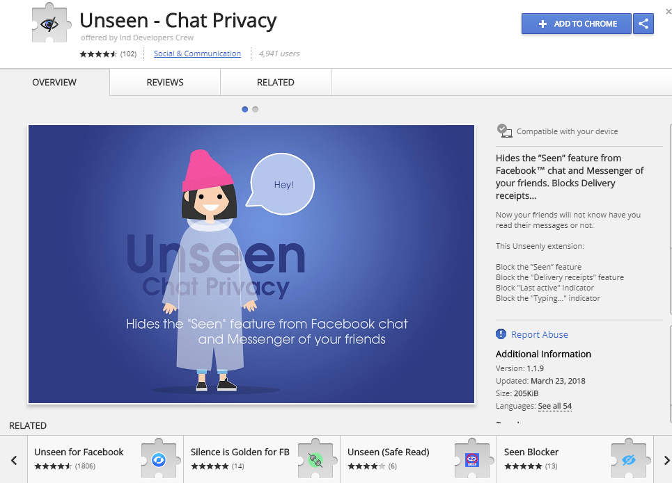 Unseen Facebook chat privacy Chrome Extension