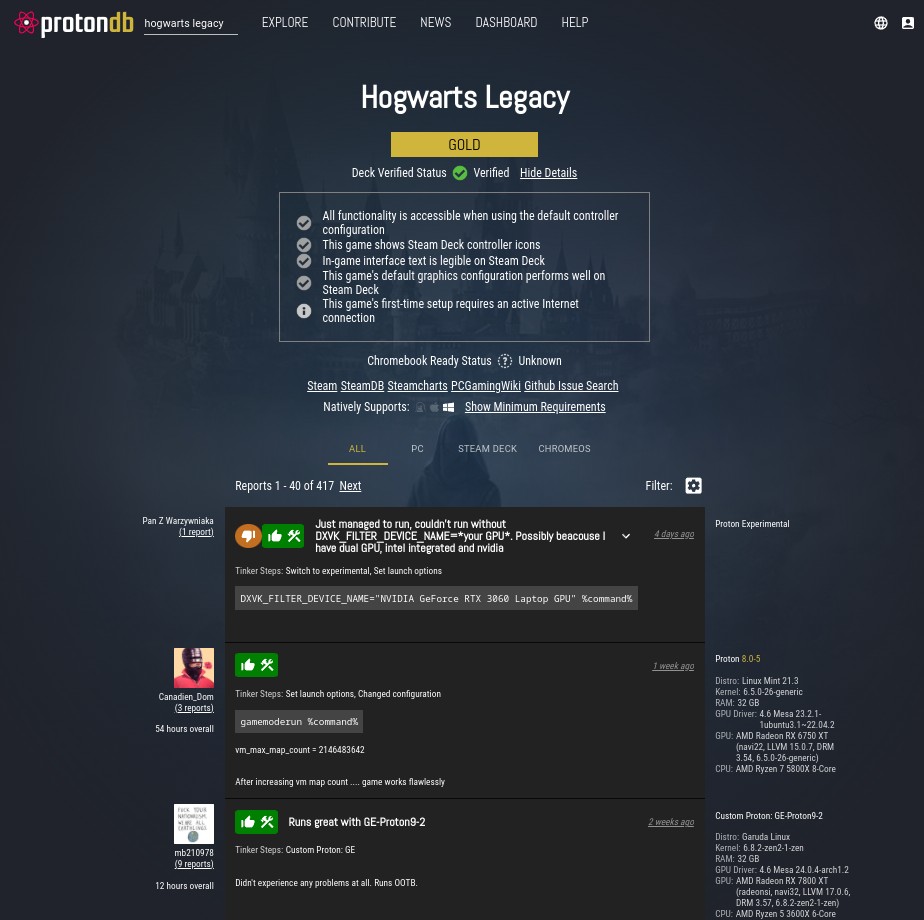 Users on running Hogwarts Legacy on Linux